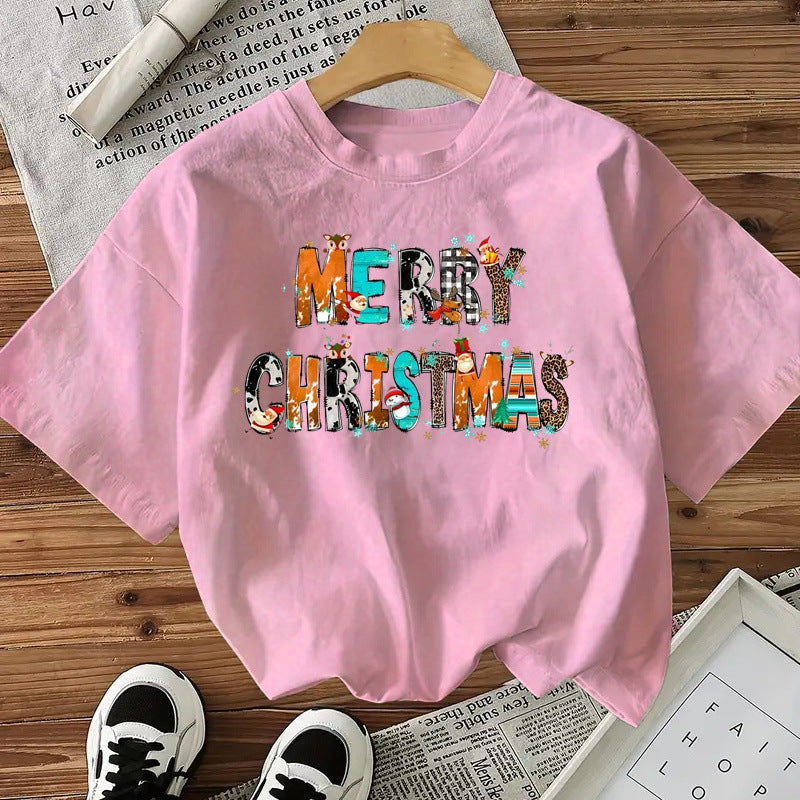 Cotton Women's Short Sleeve Fashion Style Top American Christmas Letter New Arrival