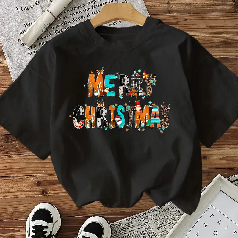 Cotton Women's Short Sleeve Fashion Style Top American Christmas Letter New Arrival