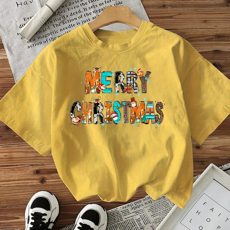 Cotton Women's Short Sleeve Fashion Style Top American Christmas Letter New Arrival