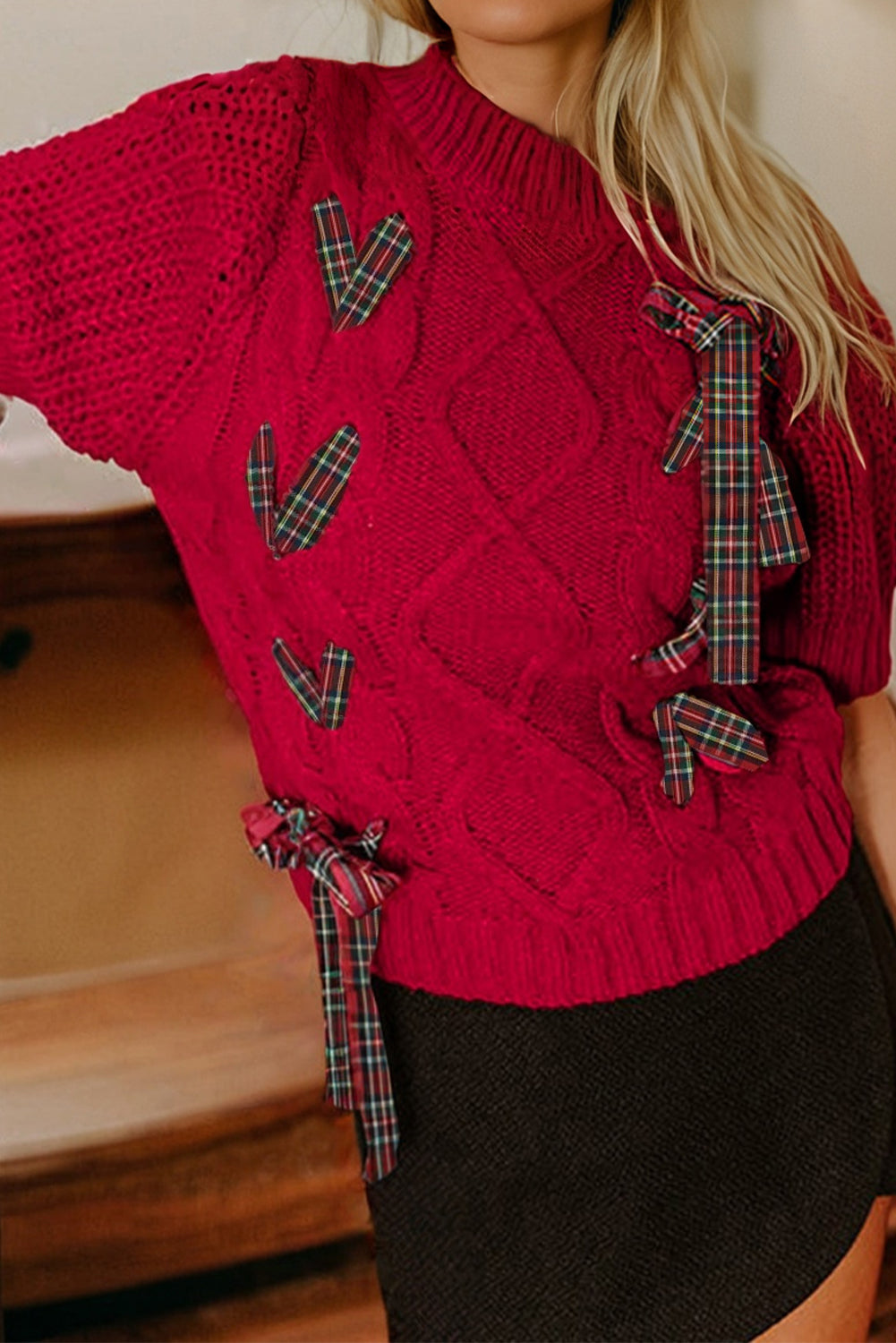 Black Plaid Lace up Detail Christmas Holiday Puff Short Sleeve Sweater