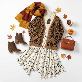 Leopard fuzzy cardigan and polka dot midi skirt fall outfit flat lay