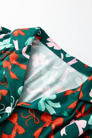 Green Festive Bow Print 2pcs Pajama Pant Set