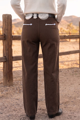 Coffee Western Colorblock Pockets Button Fly Decorative Belt Loops Straight Leg Jeans