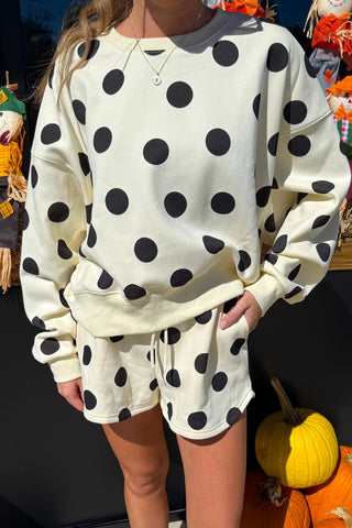 Multicolour Polka Dot Print Drop Shoulder Pullover Drawstring Shorts Set