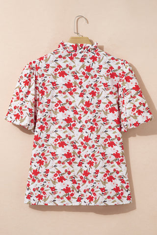 Red Floral Print Short Puff Sleeve Button Front Shirt