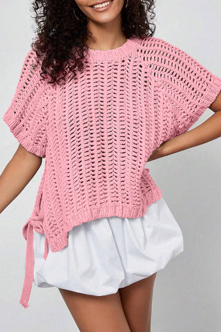 White Plus Size Open Knit Bow Tie Short Sleeve Sweater