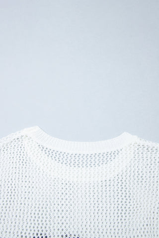 White Chenille BEACH Lettering Hollow Out Knit Casual Sweater