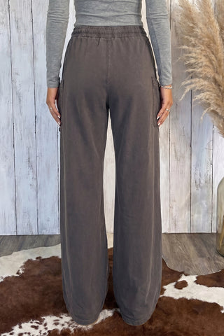 Dark Brown Cotton Mineral Wash Elastic Waist Drawstring Tie Detail Cargo Pants