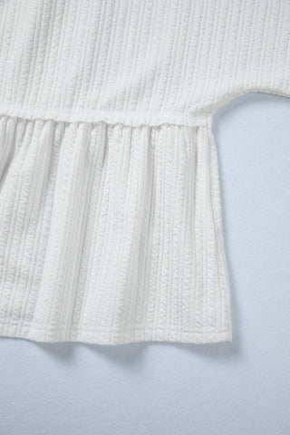 White Solid Color Textured Drop Shoulder Long Sleeve Peplum Top
