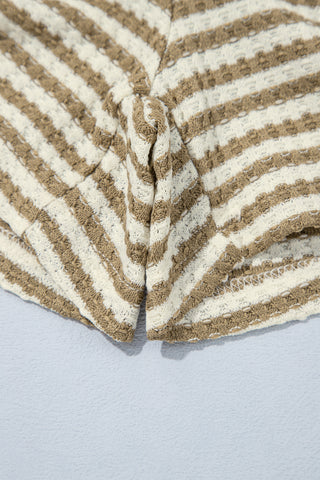 Brown Stripe Textured Knit Long Sleeve Top Elastic Waist Shorts Casual Outfit