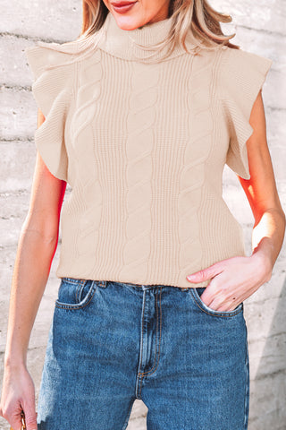 Jet Stream Cable Knit Turtleneck Ruffled Short Sleeve Sweater