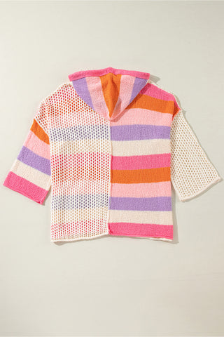 DEAR-LOVER Beige Oversized Colorblock V Neck Hooded Sweater