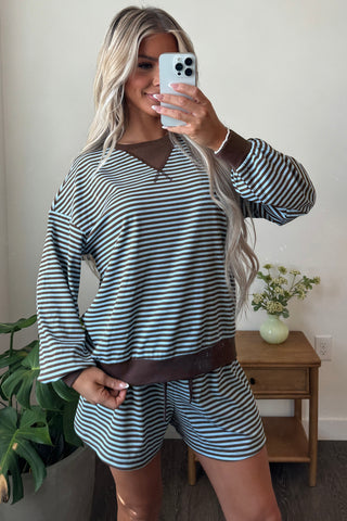 Blue Stripe Oversized Long Sleeve Top Drawstring Loose Shorts 2pcs Set