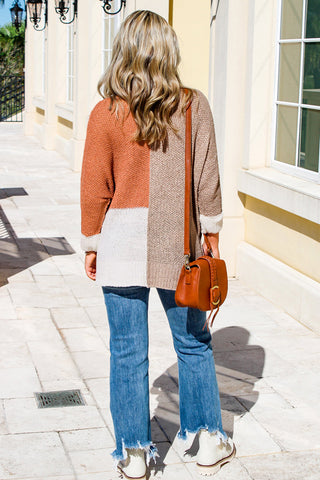 Evergreen Color Block Knit V Neck Loose Sweater