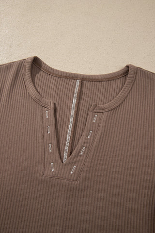 Dark Khaki V Neck Ribbed Stitched Detail Long Sleeve Top