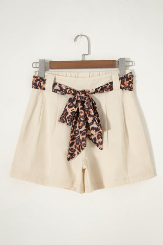 Oatmeal Leopard Contrast Sash Belt Pleated Wide Leg Shorts