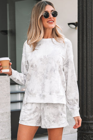 Beige Maple Camo Print Pullover Top and Elastic Waist Casual Short Set