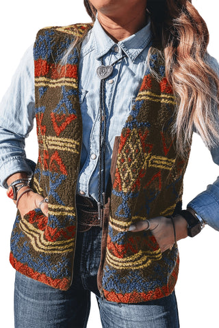 Multicolour Western Print Faux Fur Metal Zipper Insert Pockets Sleeveless Vest