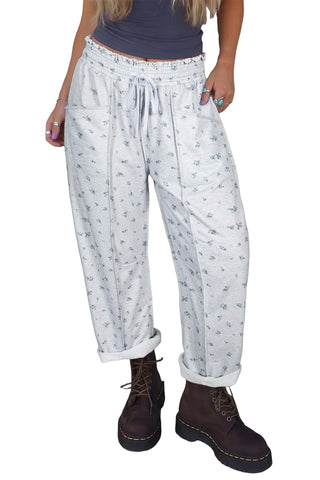 Gray Floral Print Elastic Waist Regular Fit Pants