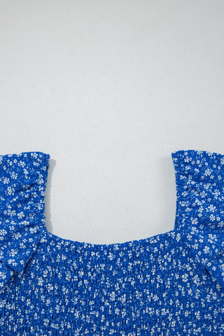 Blue Ditsy Floral Print Smocked Square Neck Ruffle Short Sleeve Dress