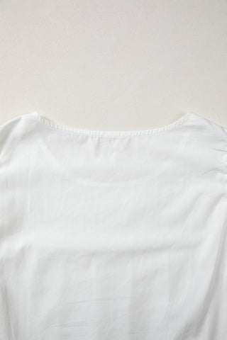 White Lace Detail Flutter Sleeve Pleated Round Neck Blouse