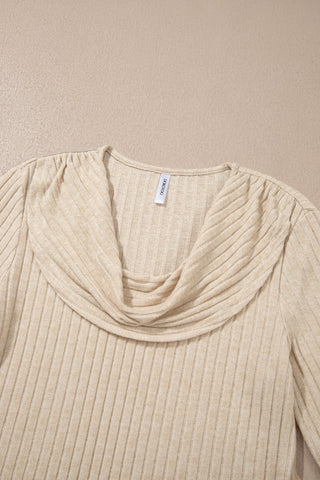 Apricot Solid Color Ribbed Knit Cowl Neck Long Sleeve Top