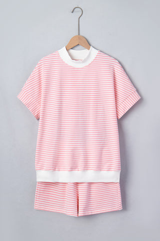 Sky Blue Stripe Cuffed Sleeve Contrast Mock Neck Tee Casual 2pcs Short Set