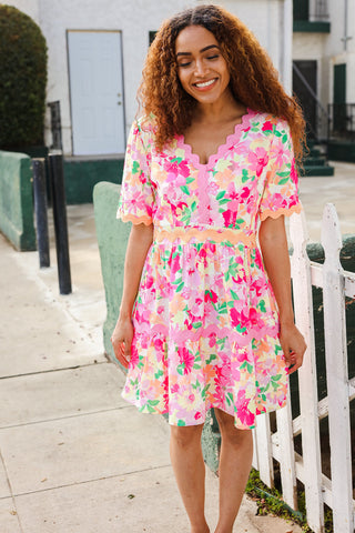 Beautiful You Rose Floral Print Ric Rack Trim Babydoll Dress