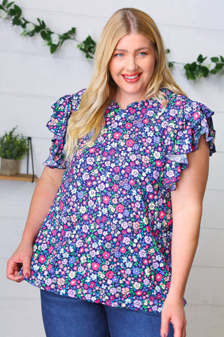 Navy Floral Mock Neck Flutter Sleeve Top