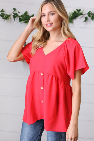 Cherry Red Babydoll Button Down Raglan Woven Top