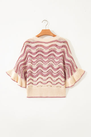 Black Stripe Wavy Crochet Eyelet Detail Ruffle Half Sleeve Sweater