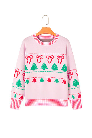 Pink Festive Holiday Print Round Neck Loose Tunic Sweater