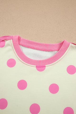 White Polka Dot Contrast Patchwork Round Neck Baggy Sweatshirt