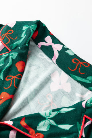 Green Festive Bow Print Long Sleeve Shirt and Pajama Short Set