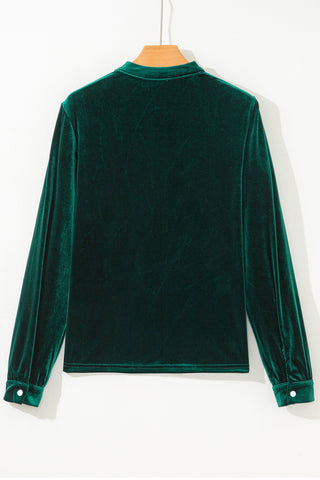 Evergreen Asymmetric Button Keyhole Neck Long Sleeve Velvet Blouse