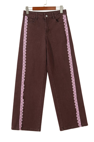 Coffee Lace Trim Casual Full-Length Regular Fit Jeans