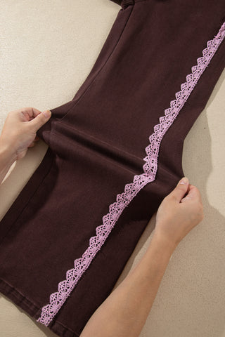 Coffee Lace Trim Casual Full-Length Regular Fit Jeans