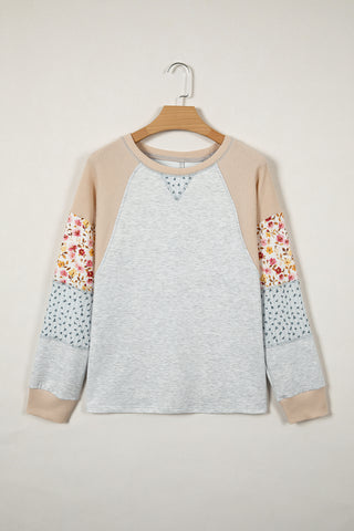 Light Grey Mixed Print Raglan Sleeve Patchwork Exposed Seam Pullover Top