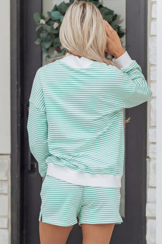 Green Stripe Oversize Mock Neck Sweatshirt and Shorts Set