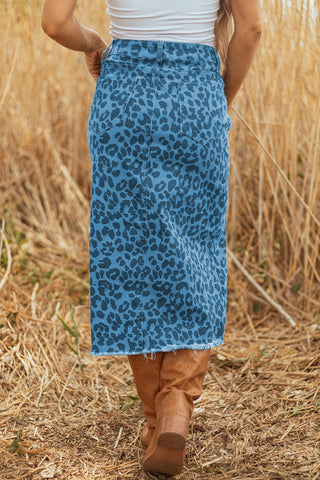 Brown Leopard Print Side Split Frayed Hem Denim Midi Skirt
