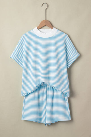 Sky Blue Stripe Cuffed Sleeve Contrast Mock Neck Tee Casual 2pcs Short Set