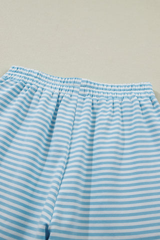 Sky Blue Stripe Cuffed Sleeve Contrast Mock Neck Tee Casual 2pcs Short Set