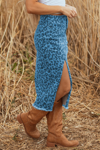 Brown Leopard Print Side Split Frayed Hem Denim Midi Skirt