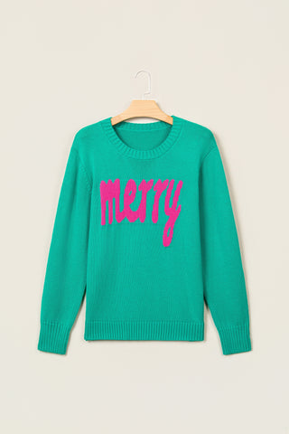 Bright Green Merry Print Ribbed Trim Round Neck Loose Fit Sweater