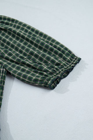 Green Plaid Square Neck Shirred High Waist Ruffle Hem Dress