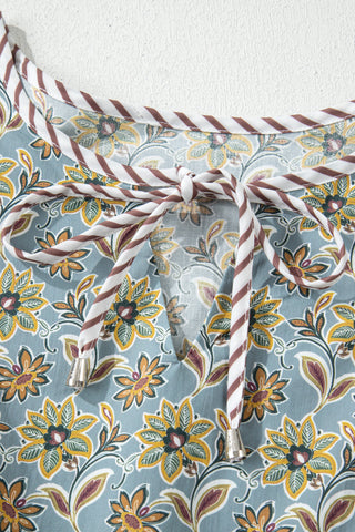 Green Plus Size Mixed Floral Print Striped Trim Loose Mini Dress