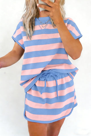Rose Stripe Dolman Tee Drawstring Skort Athletic 2pcs Set
