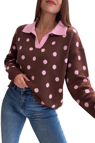 Pink Polka Dot Pattern Color Block Collared Loose Pullover Sweater