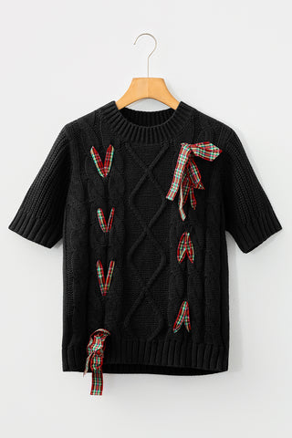 Black Plaid Lace up Detail Christmas Holiday Puff Short Sleeve Sweater