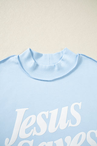 Fiery Red Jesus Saves Slogan Print Stand Neck Baggy Sweatshirt